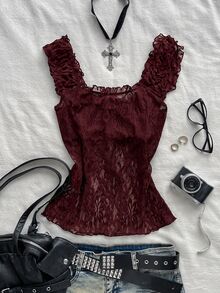 Attitoon Frill Trim Knot Front Lace Top - Burgundy - View 2