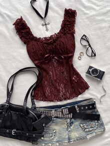 Attitoon Frill Trim Knot Front Lace Top - Burgundy - View 4