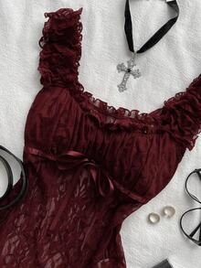 Attitoon Frill Trim Knot Front Lace Top - Burgundy - View 9