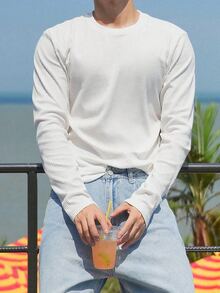Resyla Men Men's Vertical Ribbed Knit Crew Neck Long Sleeve Base Layer. Fine Vertical Texture Knit, Moderately Fitted Body, Not Overly Tight. Classic Crew Neck D - White - View 8
