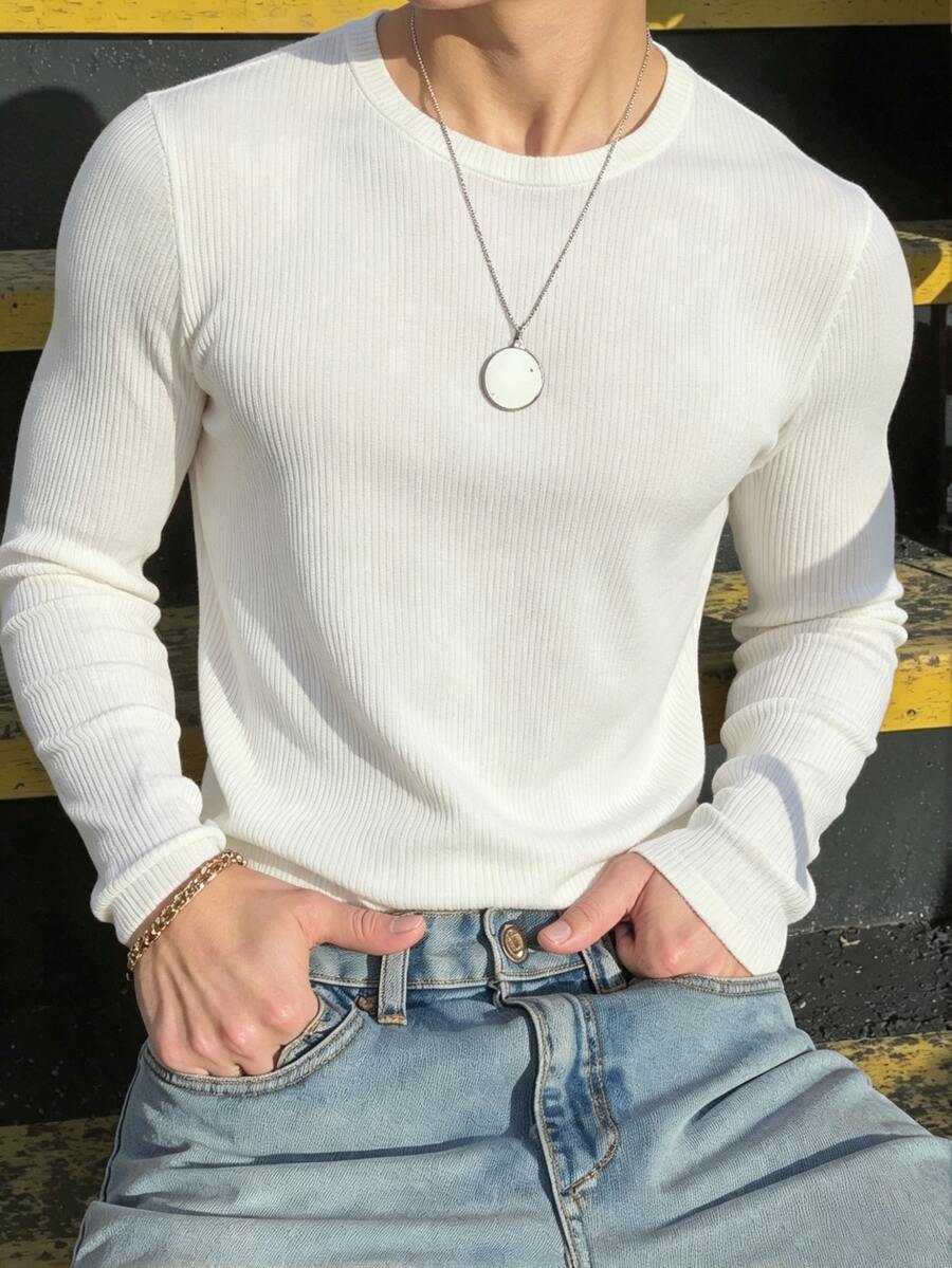Resyla Men Men's Vertical Ribbed Knit Crew Neck Long Sleeve Base Layer. Fine Vertical Texture Knit, Moderately Fitted Body, Not Overly Tight. Classic Crew Neck D - White - View 1