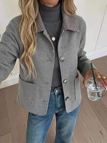 Easowa Contrast Color Patchwork Button Front Regular Jacket Casual Relaxed Elegant Commuter Old Money Style Autumn/Winter Women's Regular Jacket Office Grey - Grey - View 1
