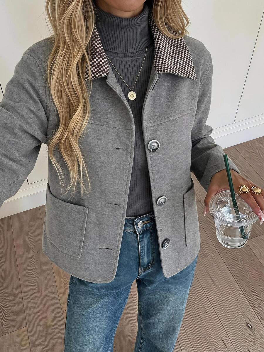 Easowa Contrast Color Patchwork Button Front Regular Jacket Casual Relaxed Elegant Commuter Old Money Style Autumn/Winter Women's Regular Jacket Office Grey - Grey - View 1
