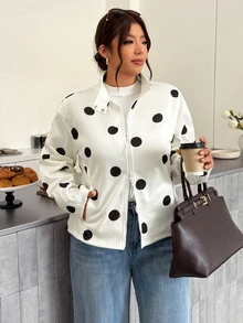 Firerie Jaket Kasual Elegan Ukuran Plus Musim Gugur, Jaket Motif Polkadot Elegan, Jaket Kantor, Jaket Pesta Malam Musim Gugur - Hitam dan Putih - View 1