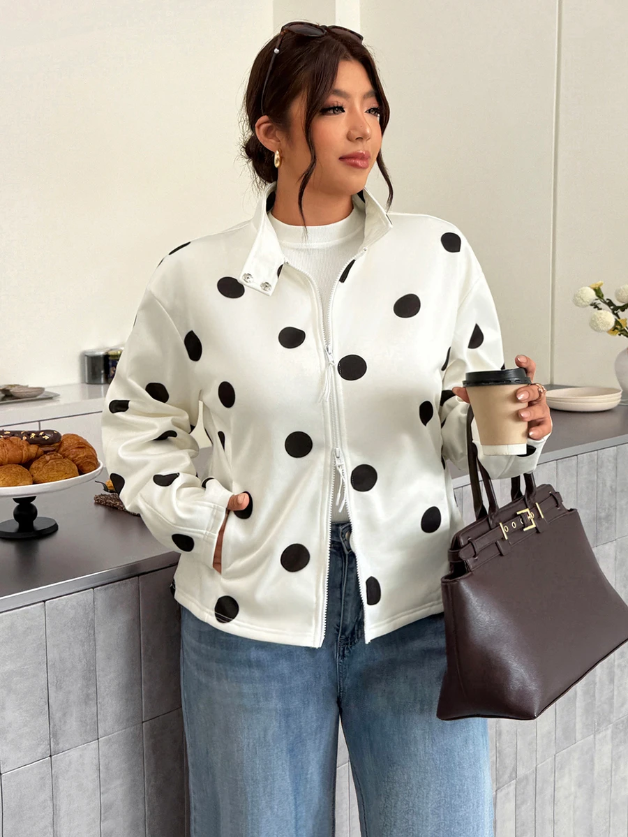 Firerie Jaket Kasual Elegan Ukuran Plus Musim Gugur, Jaket Motif Polkadot Elegan, Jaket Kantor, Jaket Pesta Malam Musim Gugur - Hitam dan Putih - View 1