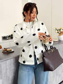 Firerie Jaket Kasual Elegan Ukuran Plus Musim Gugur, Jaket Motif Polkadot Elegan, Jaket Kantor, Jaket Pesta Malam Musim Gugur - Hitam dan Putih - View 4