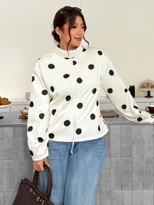 Firerie Jaket Kasual Elegan Ukuran Plus Musim Gugur, Jaket Motif Polkadot Elegan, Jaket Kantor, Jaket Pesta Malam Musim Gugur - Hitam dan Putih - View 6