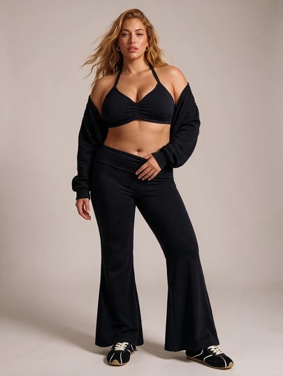 YARNWELL Women's Summer Casual Daily Wear Versatile Long Pants, Commute Professional All-Match Style, Slim Fit Flared Black Long Pants, Solid Color High Elastic Flared Yoga Fitness Flared Pants, Plus Size Leggings, Plus Size Pants