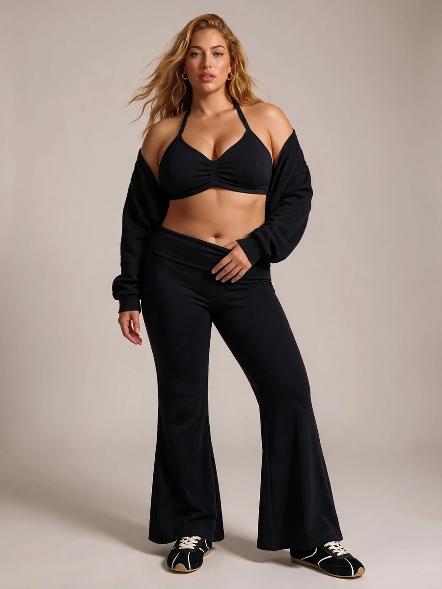 YARNWELL Women's Summer Casual Daily Wear Versatile Long Pants, Commute Professional All-Match Style, Slim Fit Flared Black Long Pants, Solid Color High Elastic Flared Yoga Fitness Flared Pants, Plus Size Leggings, Plus Size Pants - Black - View 1