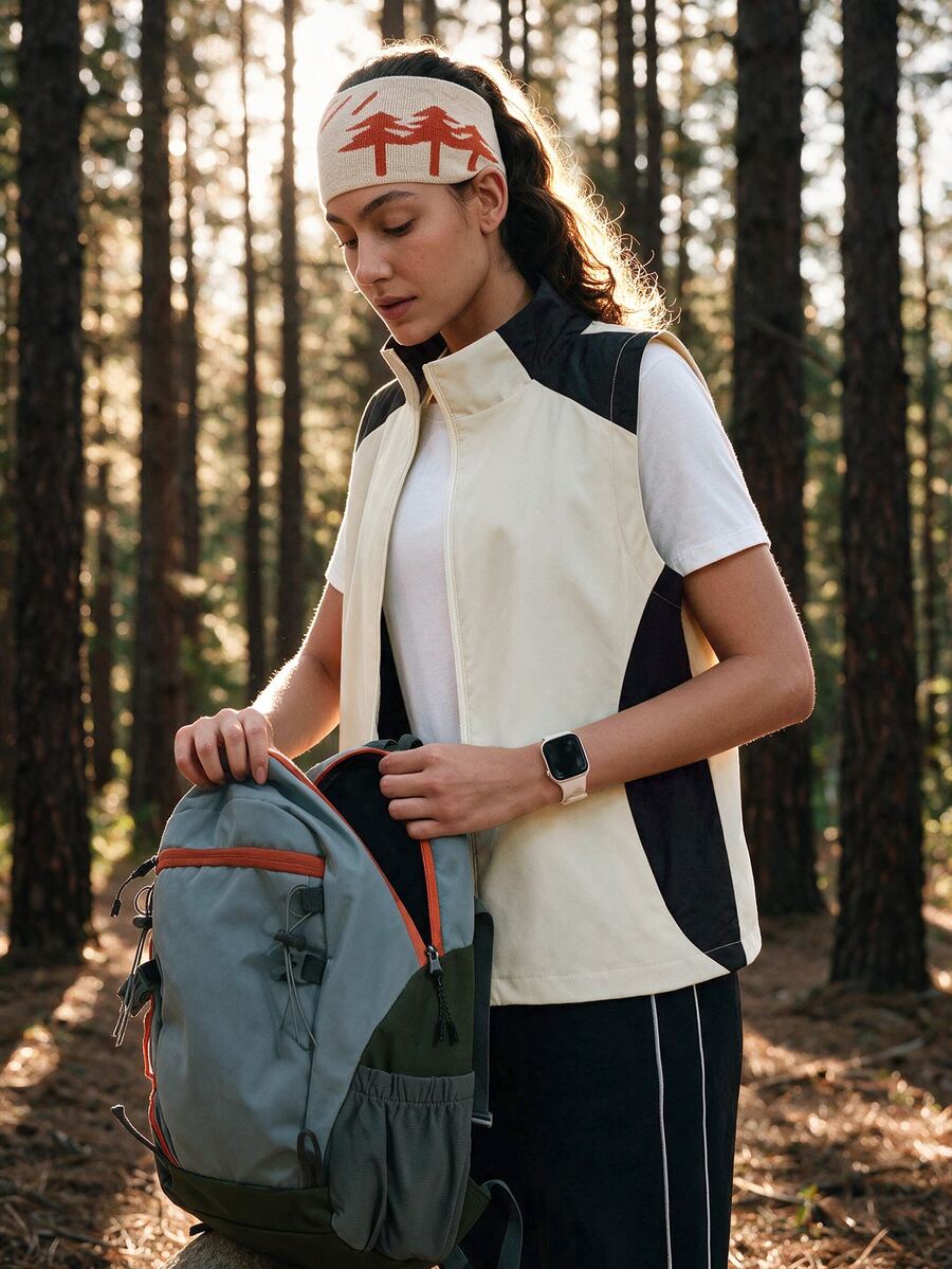 SHEIN Sports 女士休闲日常撞色拉链立领户外背心外套 - 白色 - 查看 1