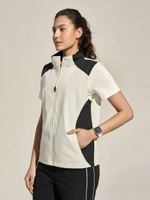 SHEIN Sports 女士休闲日常撞色拉链立领户外背心外套 - 白色 - 查看 5