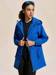 Exploreva Exploreva Women's Drawstring Waist Zip Front Hooded Outdoor Windbreaker Jacket - Royal Blue - View 3