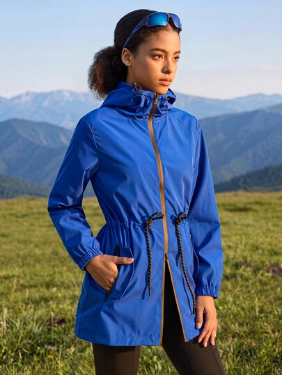 Exploreva Exploreva Women's Drawstring Waist Zip Front Hooded Outdoor Windbreaker Jacket