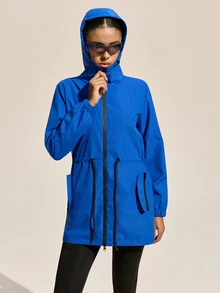 Exploreva Exploreva Women's Drawstring Waist Zip Front Hooded Outdoor Windbreaker Jacket - Royal Blue - View 7