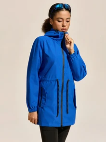 Exploreva Exploreva Women's Drawstring Waist Zip Front Hooded Outdoor Windbreaker Jacket - Royal Blue - View 5