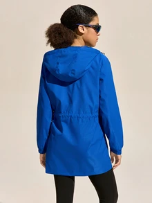 Exploreva Exploreva Women's Drawstring Waist Zip Front Hooded Outdoor Windbreaker Jacket - Royal Blue - View 2