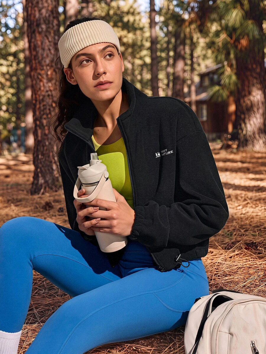 Exploreva Exploreva Jaket Fleece Outdoor Kasual Wanita dengan Resleting dan Kerah Tegak, Musim Gugur - Hitam - View 1