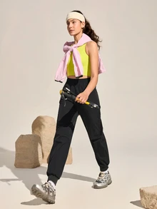 Exploreva Exploreva Women's Solid Color Drawstring Outdoor Casual Pants - Black - View 3