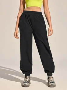 Exploreva Exploreva Women's Solid Color Drawstring Outdoor Casual Pants - Black - View 4