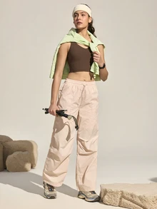 Exploreva Exploreva Women's Solid Color Drawstring Waist Casual Outdoor Pants - Baby Pink - View 7