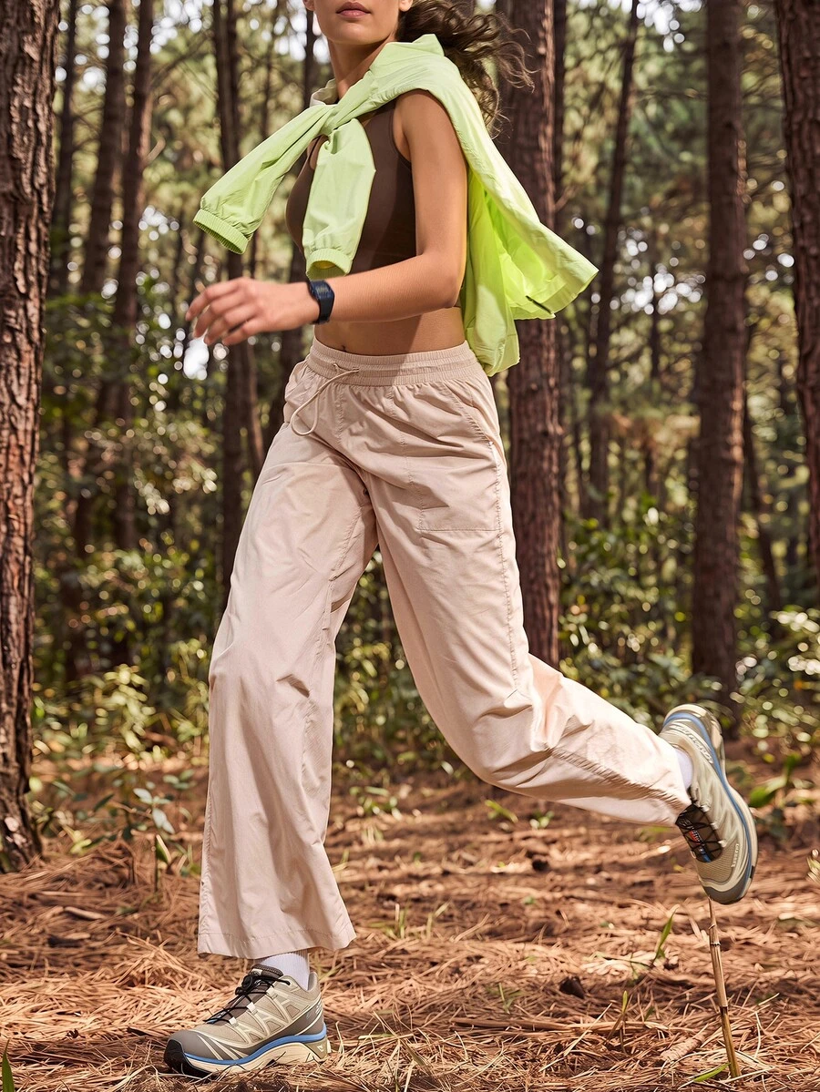 Exploreva Exploreva Women's Solid Color Drawstring Waist Casual Outdoor Pants - Baby Pink - View 1