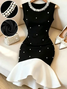 GlowEve Modisch neue elegante ärmelloser Sommer Taille gerafft kurzes Farbblock Kragen Perlen Dekor Frauen Mini Kleid - Schwarz - Übersicht 1