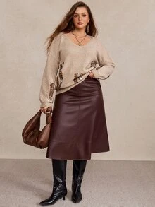 Freevana Plus Size Women's Patchwork Sequin V-Neck Long Sleeve Casual Pullover Sweater Winter - Camel - View 10