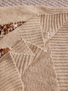 Freevana Plus Size Women's Patchwork Sequin V-Neck Long Sleeve Casual Pullover Sweater Winter - Camel - View 13