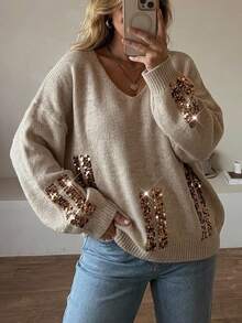 Freevana Plus Size Women's Patchwork Sequin V-Neck Long Sleeve Casual Pullover Sweater Winter - Camel - View 2