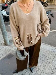 Freevana Plus Size Women's Patchwork Sequin V-Neck Long Sleeve Casual Pullover Sweater Winter - Camel - View 4