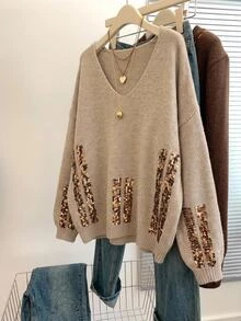 Freevana Plus Size Women's Patchwork Sequin V-Neck Long Sleeve Casual Pullover Sweater Winter - Camel - View 11