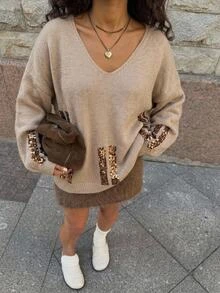 Freevana Plus Size Women's Patchwork Sequin V-Neck Long Sleeve Casual Pullover Sweater Winter - Camel - View 3