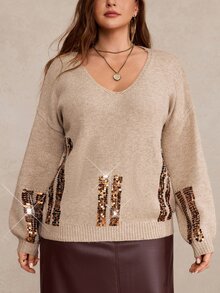 Freevana Plus Size Women's Patchwork Sequin V-Neck Long Sleeve Casual Pullover Sweater Winter - Camel - View 5