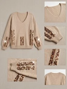 Freevana Plus Size Women's Patchwork Sequin V-Neck Long Sleeve Casual Pullover Sweater Winter - Camel - View 12