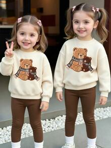 (1 Set) Young Girls Fall Clothes Cute Bear Heart & Plaid Scarf Print Crew Neck Sweatshirt With Leggings, Fall Outfits - Multicolor - View 7