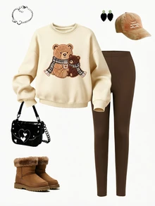(1 Set) Young Girls Fall Clothes Cute Bear Heart & Plaid Scarf Print Crew Neck Sweatshirt With Leggings, Fall Outfits - Multicolor - View 4