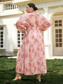 VOLUPTÉ CURVE Plus Size Women's Spring/Summer Pink Floral Chiffon Maxi Dress, Vacation V-Neck Ruffle Collar Puff Sleeve Dress Fall - Pink - View 3