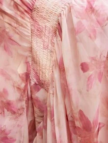 VOLUPTÉ CURVE Plus Size Women's Spring/Summer Pink Floral Chiffon Maxi Dress, Vacation V-Neck Ruffle Collar Puff Sleeve Dress Fall - Pink - View 7