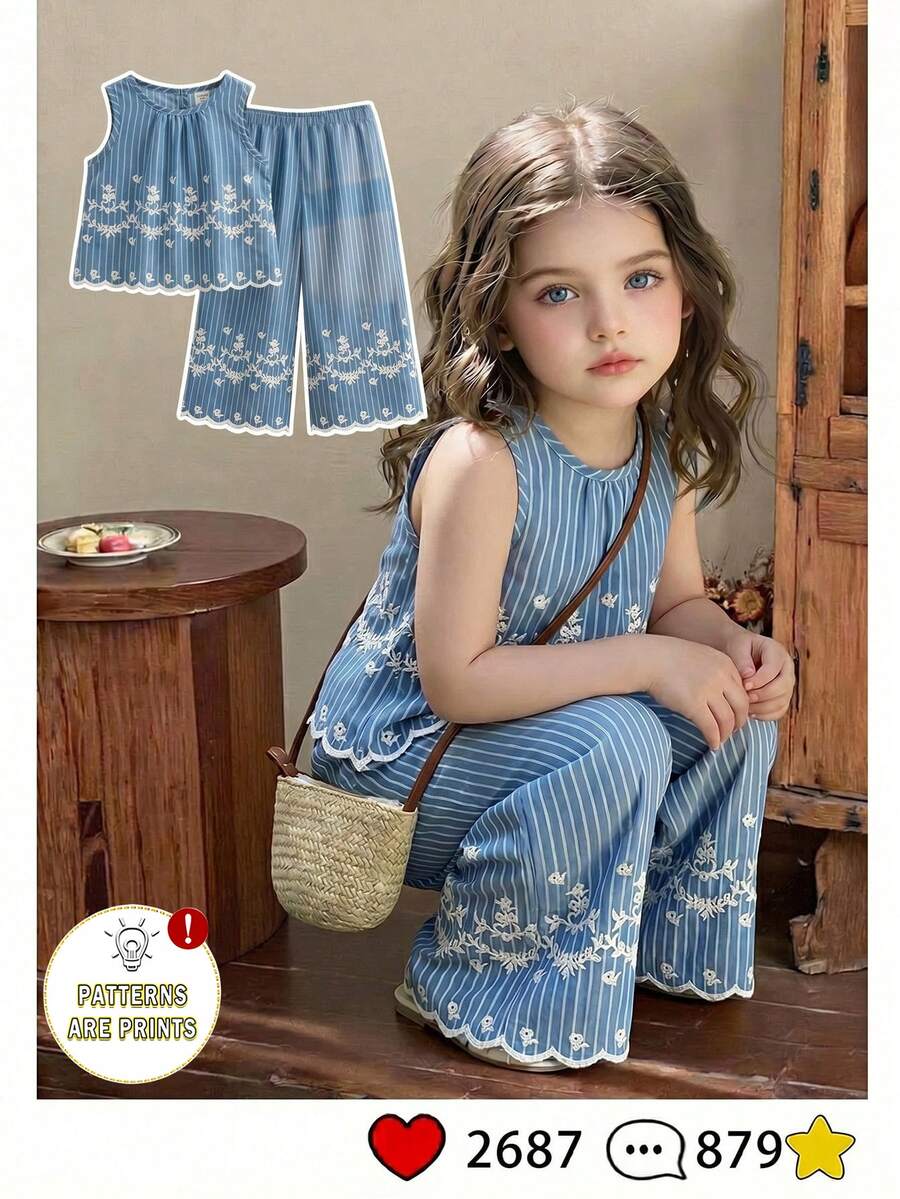 SHEIN Vintaside Kids 女童夏季黑白优雅竖条纹花卉刺绣无袖上衣和阔腿裤套装,适合日常外出、休闲旅行、校园穿着、派对和拍照。 - 藍色 - 查看 1