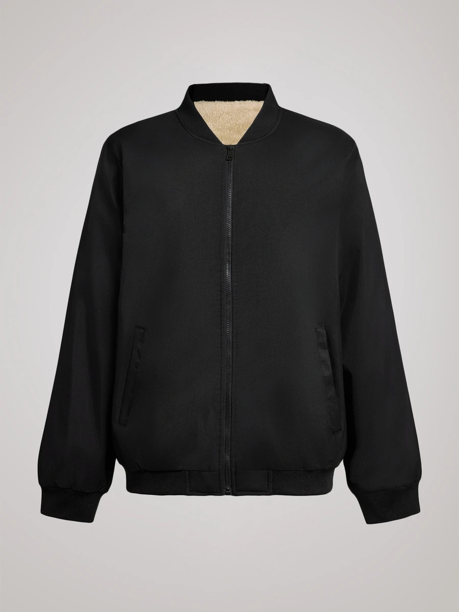 Officeau Men's Black Baseball Collar Thick Fleece-Lined Zip-Up Sweatshirt, For Business Casual/Commuting, Gift For Father/Husband - Black - View 1