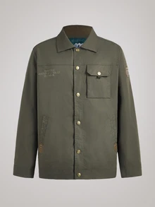 Officeau Men's Khaki Solid Collar Long Sleeve Woven Loose Fit Jacket, Pocket, Button Front, Spring/Fall, Outerwear, Comfortable, Casual, Layering, Daily Wear Gift For Father/ Husband - Khaki - View 1