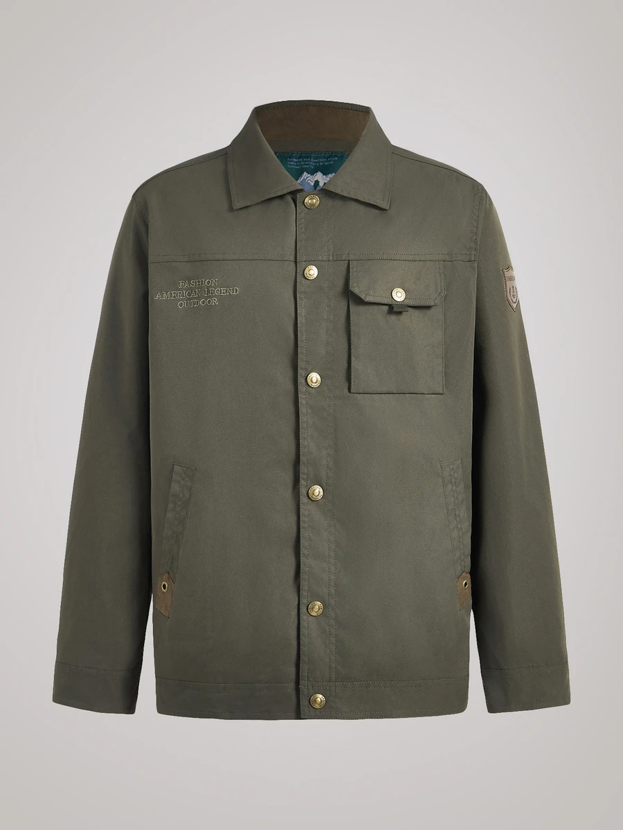 Officeau Men's Khaki Solid Collar Long Sleeve Woven Loose Fit Jacket, Pocket, Button Front, Spring/Fall, Outerwear, Comfortable, Casual, Layering, Daily Wear Gift For Father/ Husband - Khaki - View 1