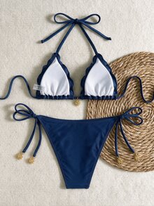 SHEIN Swim 女款夏季度假金色太陽裝飾黑色比基尼套裝沙灘裝 - 藏蓝色 - 查看 5