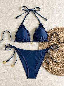 SHEIN Swim 女款夏季度假金色太陽裝飾黑色比基尼套裝沙灘裝 - 藏蓝色 - 查看 4
