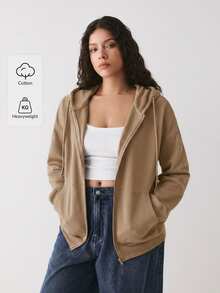 YARNWELL Plus Size Women's Fashion Autumn/Winter Versatile Loose Fit Zip-Up Sweatshirt With Drawstring Pockets And Long Sleeves - Coffee Brown - View 7
