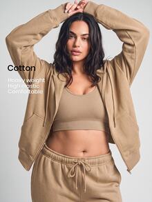 YARNWELL Plus Size Women's Fashion Autumn/Winter Versatile Loose Fit Zip-Up Sweatshirt With Drawstring Pockets And Long Sleeves - Coffee Brown - View 1