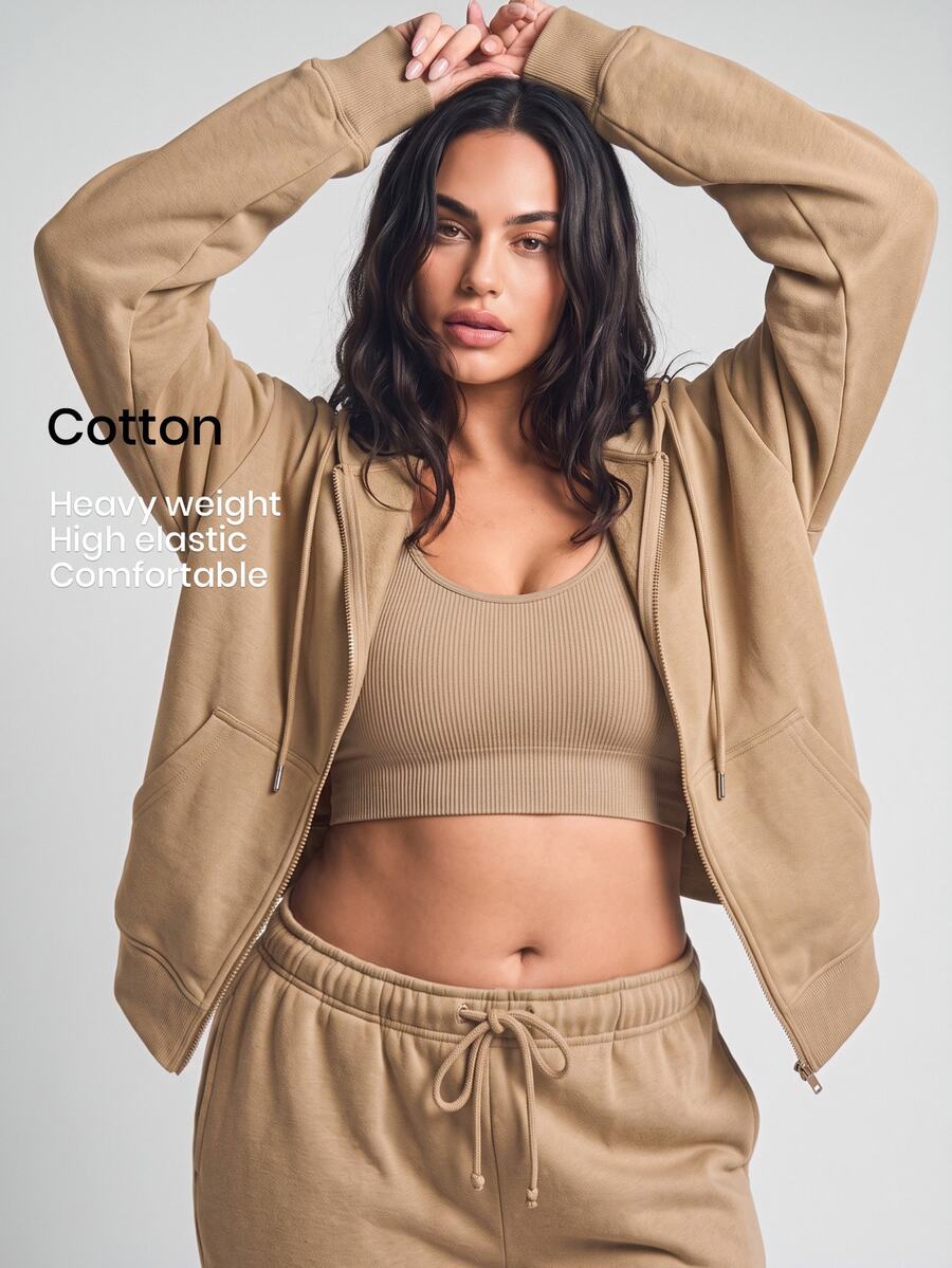 YARNWELL Plus Size Women's Fashion Autumn/Winter Versatile Loose Fit Zip-Up Sweatshirt With Drawstring Pockets And Long Sleeves - Coffee Brown - View 1