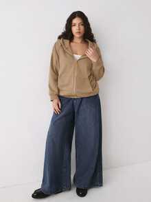 YARNWELL Plus Size Women's Fashion Autumn/Winter Versatile Loose Fit Zip-Up Sweatshirt With Drawstring Pockets And Long Sleeves - Coffee Brown - View 4
