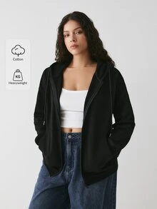 YARNWELL 大尺碼女款秋冬時尚百搭寬鬆拉鍊連帽衛衣，附抽繩口袋長袖運動衫 - 黑色 - 查看 7