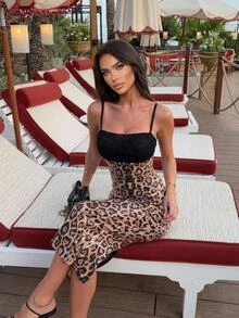 Sirith Women's Fashion Leopard Print Patchwork Spaghetti Strap Dress - Multicolor - View 3